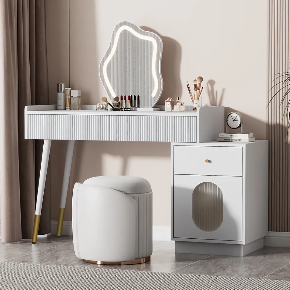 Coiffeuse 100 cm avec miroir LED tactile, tiroirs ondulés et porte vitrée rayée, finition blanche élégante