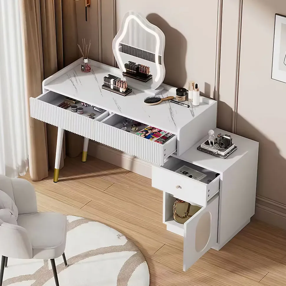 Coiffeuse 100 cm avec miroir LED tactile, tiroirs ondulés et porte vitrée rayée, finition blanche élégante