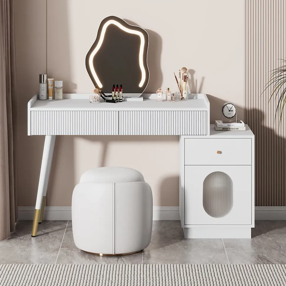 Coiffeuse 100 cm avec miroir LED tactile, tiroirs ondulés et porte vitrée rayée, finition blanche élégante