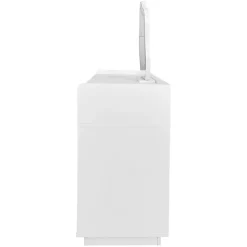 Coiffeuse 100 cm avec miroir LED tactile, tiroirs ondulés et porte vitrée rayée, finition blanche élégante