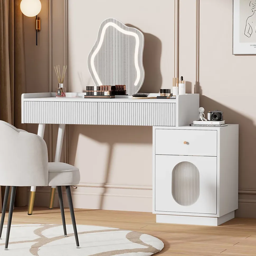Coiffeuse 100 cm avec miroir LED tactile, tiroirs ondulés et porte vitrée rayée, finition blanche élégante