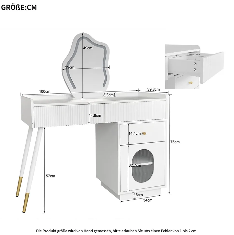 Coiffeuse 100 cm avec miroir LED tactile, tiroirs ondulés et porte vitrée rayée, finition blanche élégante