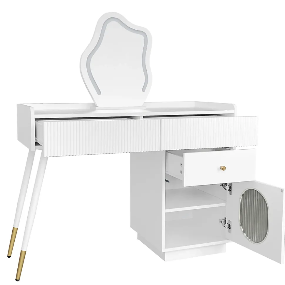 Coiffeuse 100 cm avec miroir LED tactile, tiroirs ondulés et porte vitrée rayée, finition blanche élégante