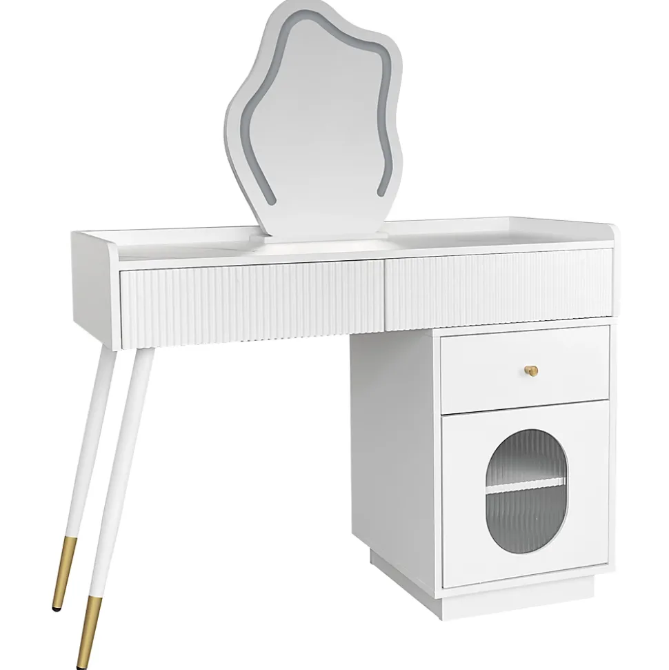 Coiffeuse 100 cm avec miroir LED tactile, tiroirs ondulés et porte vitrée rayée, finition blanche élégante