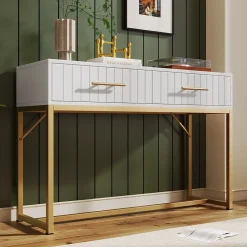 Coiffeuse 100 cm blanche à 2 tiroirs et piètement métal, façades nervurées et poignées dorées, style moderne