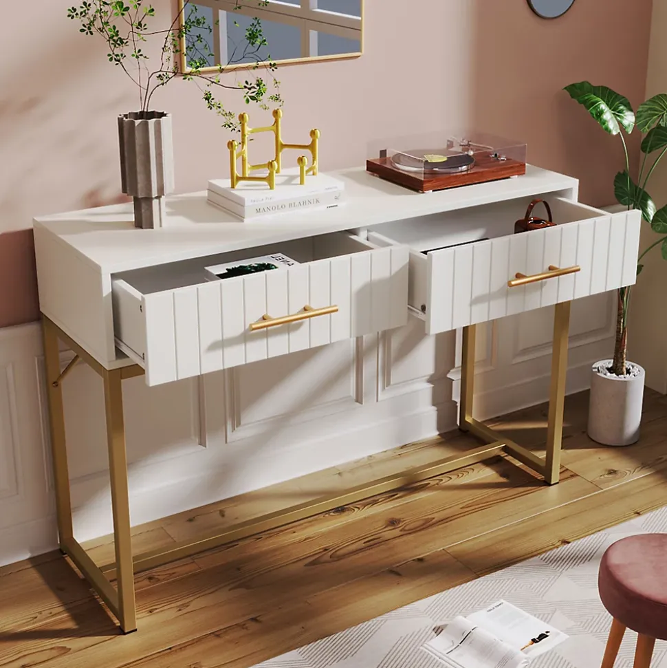 Coiffeuse 100 cm blanche à 2 tiroirs et piètement métal, façades nervurées et poignées dorées, style moderne