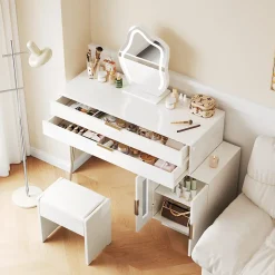 Coiffeuse 100 cm blanche avec miroir LED 3 modes, tiroirs spacieux et caisson coulissant, style moderne