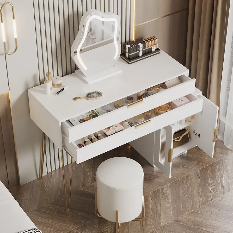 Coiffeuse 100 cm blanche avec miroir LED 3 modes, tiroirs spacieux et caisson coulissant, style moderne