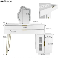 Coiffeuse 100 cm blanche avec miroir LED 3 modes, tiroirs spacieux et caisson coulissant, style moderne