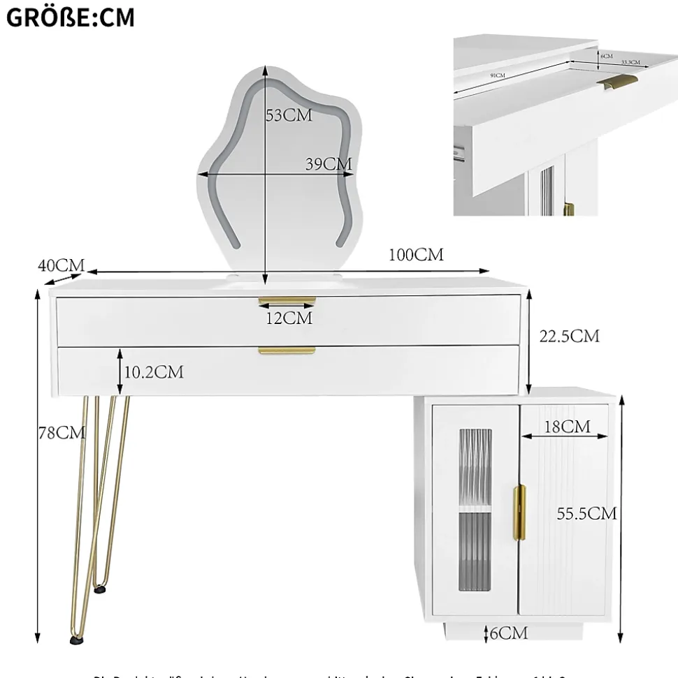 Coiffeuse 100 cm blanche avec miroir LED 3 modes, tiroirs spacieux et caisson coulissant, style moderne