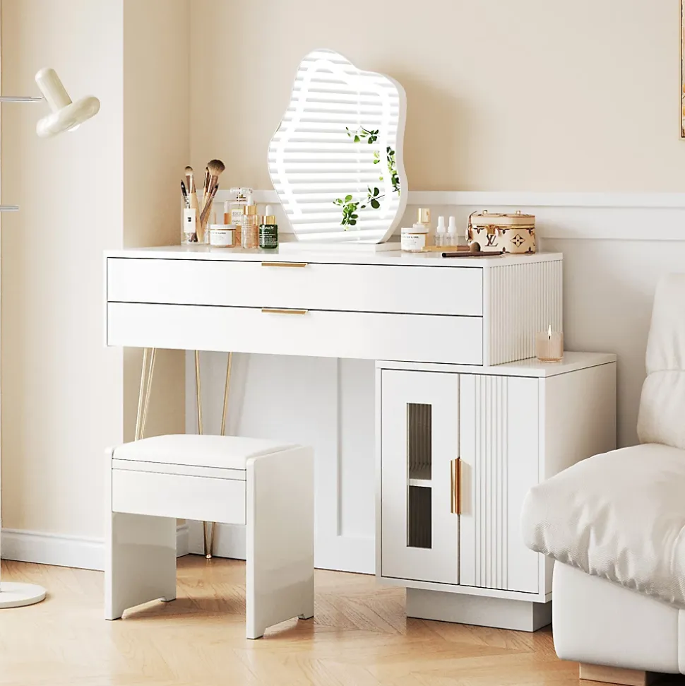 Coiffeuse 100 cm blanche avec miroir LED 3 modes, tiroirs spacieux et caisson coulissant, style moderne