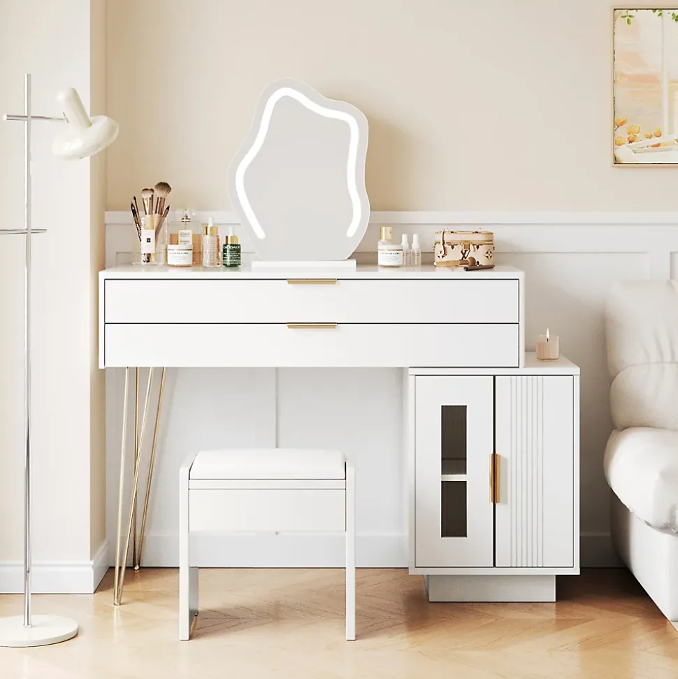 Coiffeuse 100 cm blanche avec miroir LED 3 modes, tiroirs spacieux et caisson coulissant, style moderne