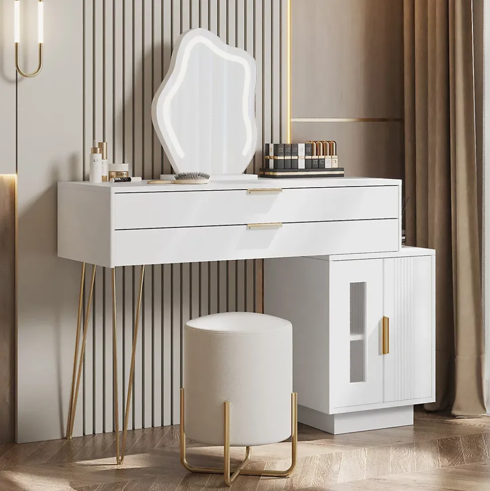 Coiffeuse 100 cm blanche avec miroir LED 3 modes, tiroirs spacieux et caisson coulissant, style moderne