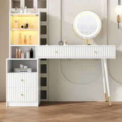 Coiffeuse 100 cm miroir LED tricolore, 4 tiroirs et vitrine lumineuse contrôlable, finition blanche