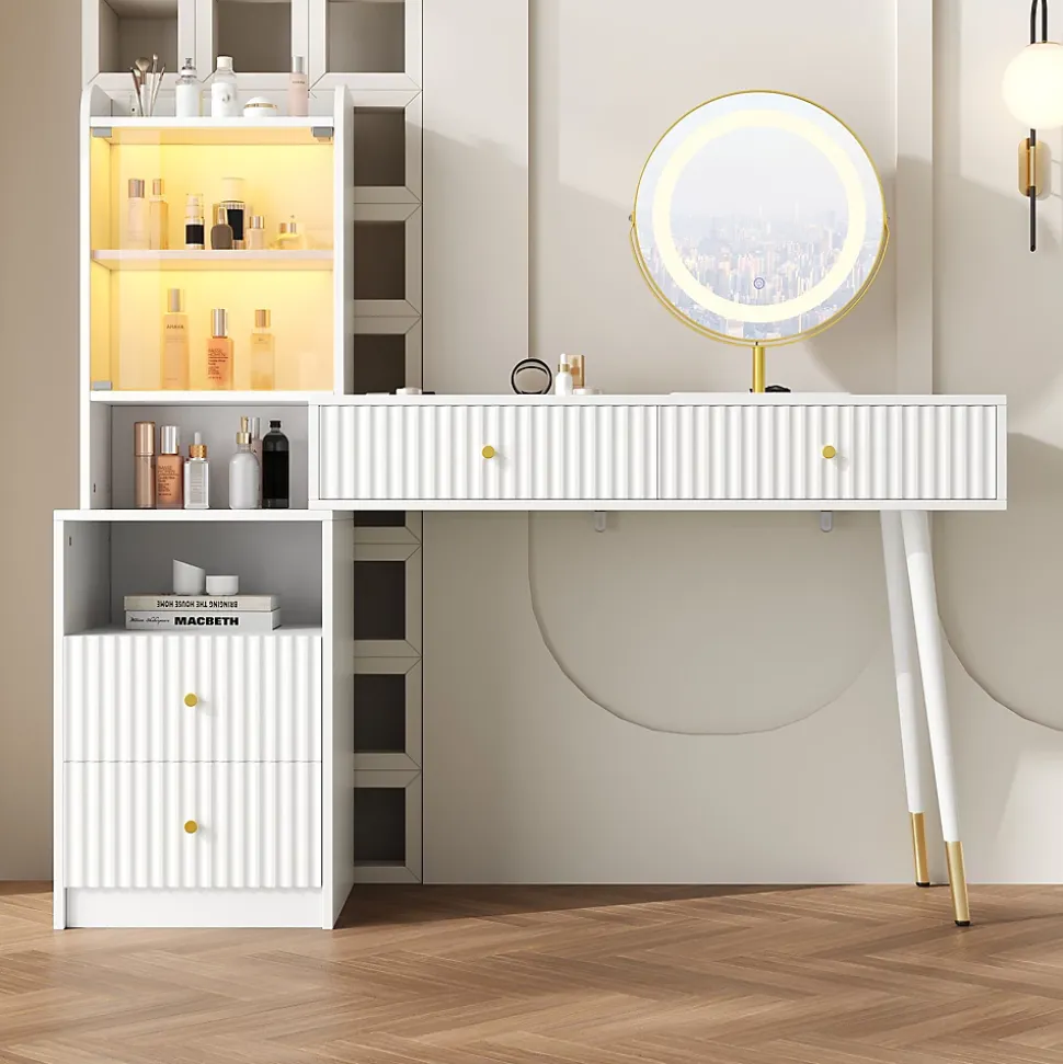 Coiffeuse 100 cm miroir LED tricolore, 4 tiroirs et vitrine lumineuse contrôlable, finition blanche