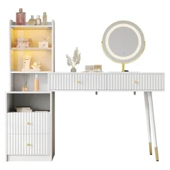Coiffeuse 100 cm miroir LED tricolore, 4 tiroirs et vitrine lumineuse contrôlable, finition blanche