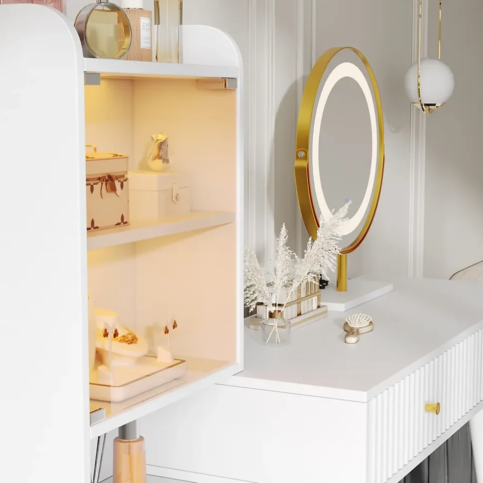Coiffeuse 100 cm miroir LED tricolore, 4 tiroirs et vitrine lumineuse contrôlable, finition blanche