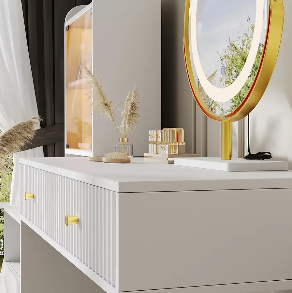 Coiffeuse 100 cm miroir LED tricolore, 4 tiroirs et vitrine lumineuse contrôlable, finition blanche