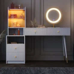 Coiffeuse 100 cm miroir LED tricolore, 4 tiroirs et vitrine lumineuse contrôlable, finition blanche