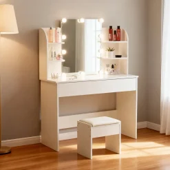 Coiffeuse 100 cm miroir lumineux LED 3 volets blanc, design élégant et grand espace de rangement