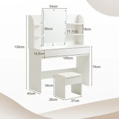 Coiffeuse 100 cm miroir lumineux LED 3 volets blanc, design élégant et grand espace de rangement