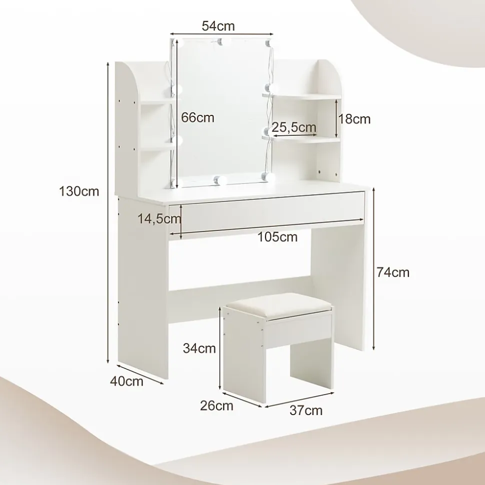 Coiffeuse 100 cm miroir lumineux LED 3 volets blanc, design élégant et grand espace de rangement