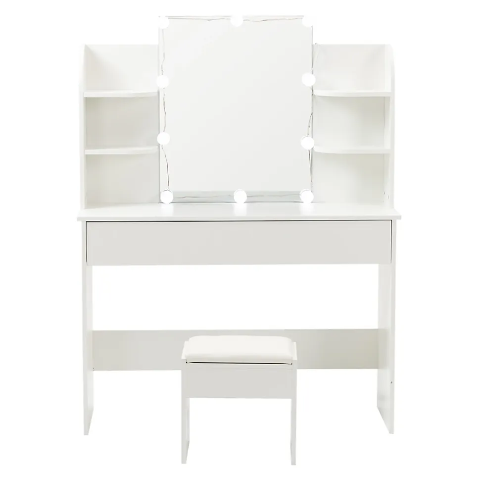 Coiffeuse 100 cm miroir lumineux LED 3 volets blanc, design élégant et grand espace de rangement