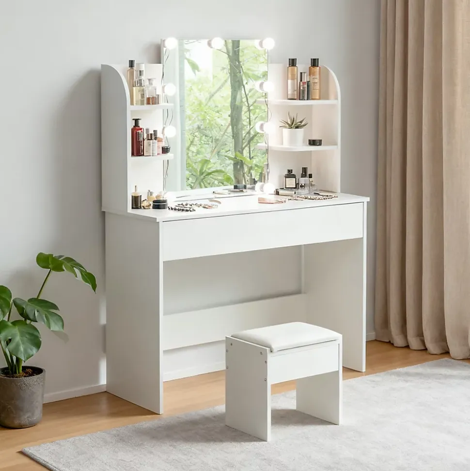 Coiffeuse 100 cm miroir lumineux LED 3 volets blanc, design élégant et grand espace de rangement