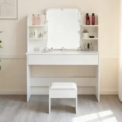 Coiffeuse 100 cm miroir lumineux LED 3 volets blanc, design élégant et grand espace de rangement