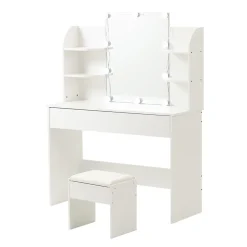 Coiffeuse 100 cm miroir lumineux LED 3 volets blanc, design élégant et grand espace de rangement
