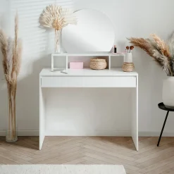 Coiffeuse 1 miroir arrondi, 3 niches supérieures et 1 grand tiroir L100cm - IMAGE