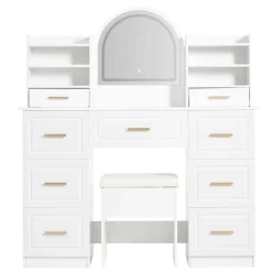 Coiffeuse - Table de Maquillage avec Miroir et Éclairage LED, 9 Tiroirs, Spanplatte pour Salon Chambre - 120x40x135 cm, Blanc