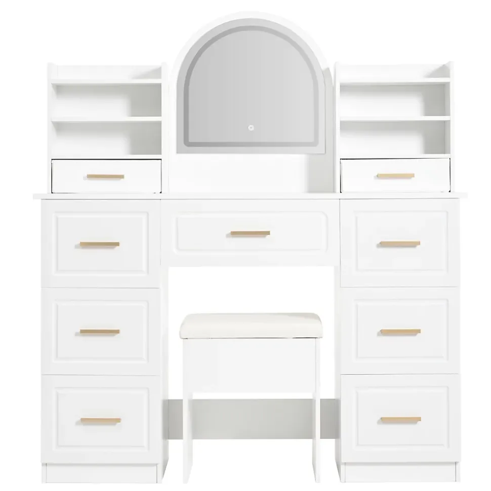 Coiffeuse - Table de Maquillage avec Miroir et Éclairage LED, 9 Tiroirs, Spanplatte pour Salon Chambre - 120x40x135 cm, Blanc