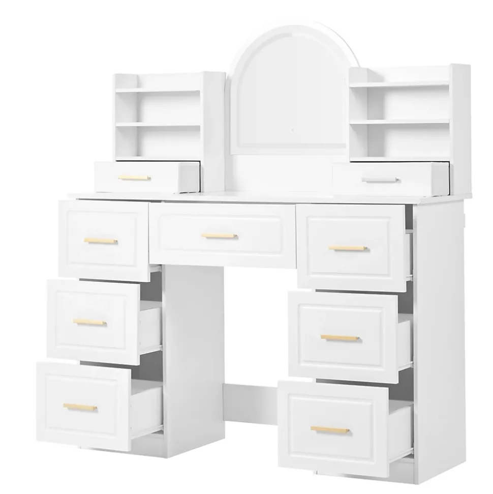 Coiffeuse - Table de Maquillage avec Miroir et Éclairage LED, 9 Tiroirs, Spanplatte pour Salon Chambre - 120x40x135 cm, Blanc