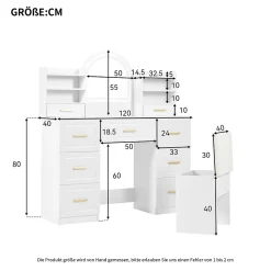 Coiffeuse - Table de Maquillage avec Miroir et Éclairage LED, 9 Tiroirs, Spanplatte pour Salon Chambre - 120x40x135 cm, Blanc