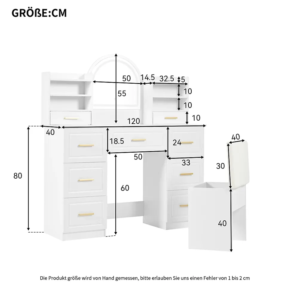 Coiffeuse - Table de Maquillage avec Miroir et Éclairage LED, 9 Tiroirs, Spanplatte pour Salon Chambre - 120x40x135 cm, Blanc