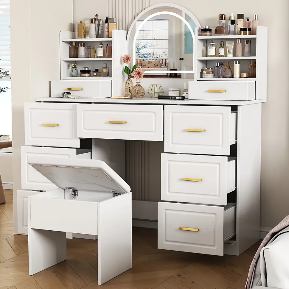 Coiffeuse - Table de Maquillage avec Miroir et Éclairage LED, 9 Tiroirs, Spanplatte pour Salon Chambre - 120x40x135 cm, Blanc