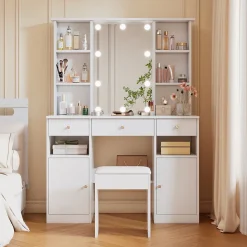 Coiffeuse - Table de Maquillage avec Éclairage LED, Miroir et Housse, 3 Tiroirs, 2 Portes, Spanplatte - 110x40x151 cm, Blanc