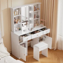 Coiffeuse - Table de Maquillage avec Éclairage LED, Miroir et Housse, 3 Tiroirs, 2 Portes, Spanplatte - 110x40x151 cm, Blanc
