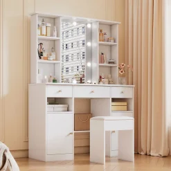 Coiffeuse - Table de Maquillage avec Éclairage LED, Miroir et Housse, 3 Tiroirs, 2 Portes, Spanplatte - 110x40x151 cm, Blanc