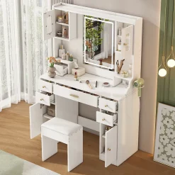 Coiffeuse - Table de Maquillage avec Éclairage LED, Prises et Miroir, 6 Tiroirs, 4 Portes, MDF - 105x40x152 cm, Blanc