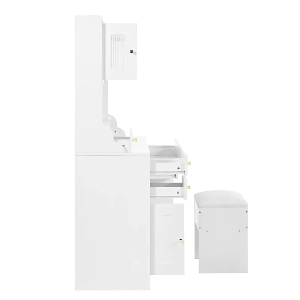 Coiffeuse - Table de Maquillage avec Éclairage LED, Prises et Miroir, 6 Tiroirs, 4 Portes, MDF - 105x40x152 cm, Blanc