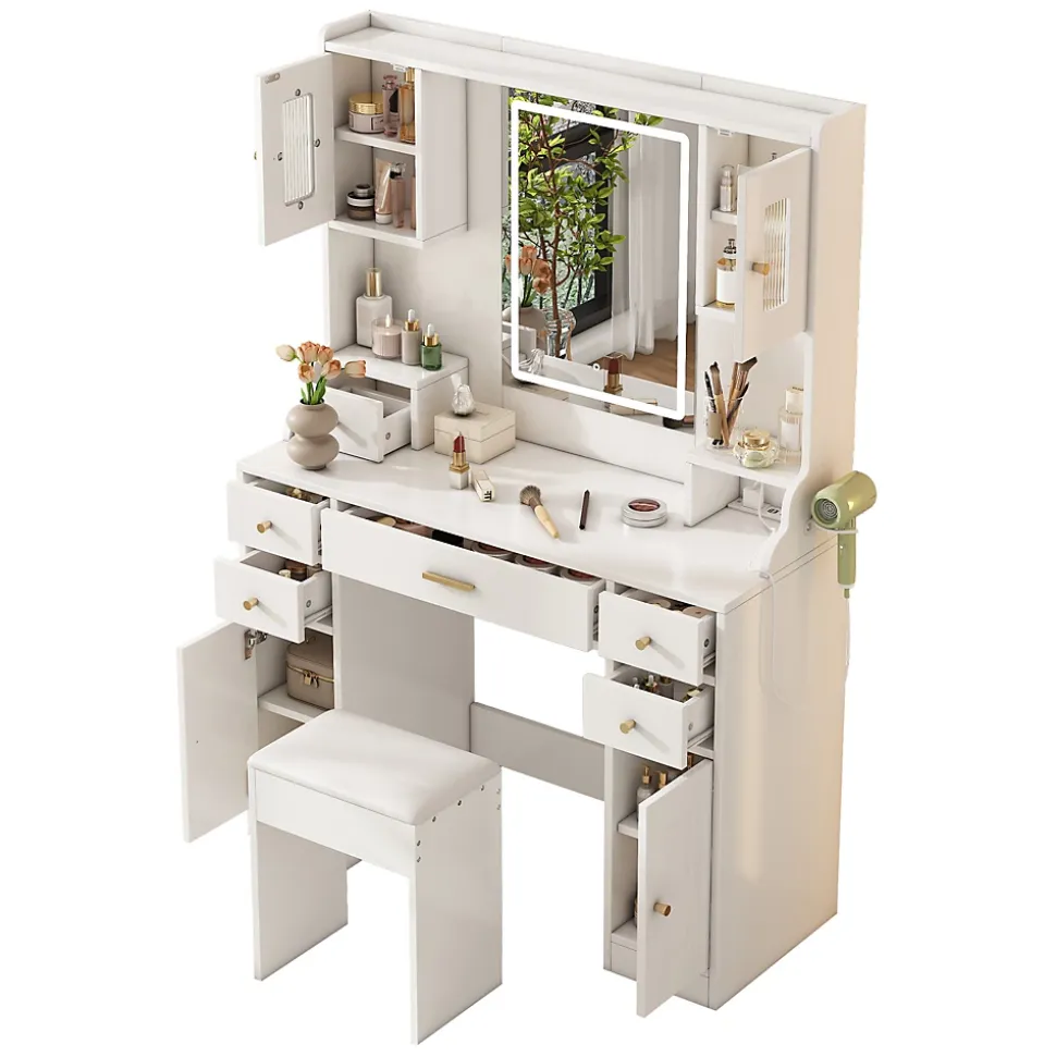 Coiffeuse - Table de Maquillage avec Éclairage LED, Prises et Miroir, 6 Tiroirs, 4 Portes, MDF - 105x40x152 cm, Blanc