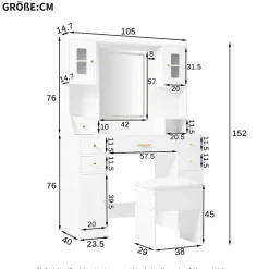 Coiffeuse - Table de Maquillage avec Éclairage LED, Prises et Miroir, 6 Tiroirs, 4 Portes, MDF - 105x40x152 cm, Blanc