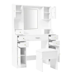Coiffeuse - Table de Maquillage avec Éclairage LED, Prises et Miroir, 6 Tiroirs, 4 Portes, MDF - 105x40x152 cm, Blanc
