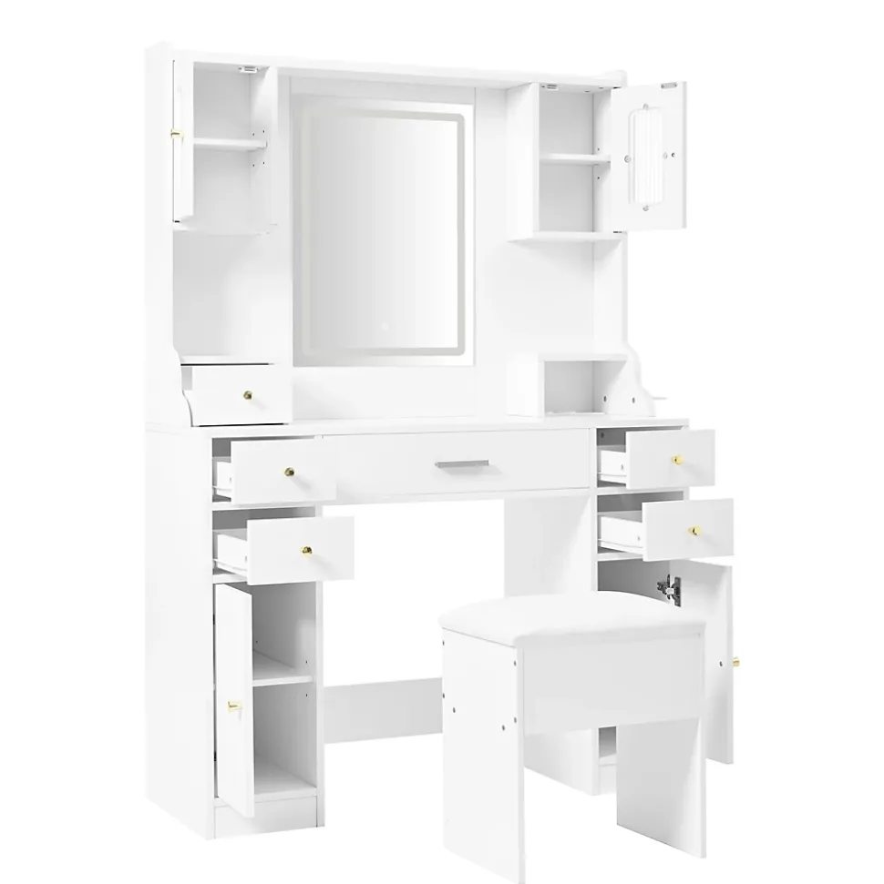 Coiffeuse - Table de Maquillage avec Éclairage LED, Prises et Miroir, 6 Tiroirs, 4 Portes, MDF - 105x40x152 cm, Blanc