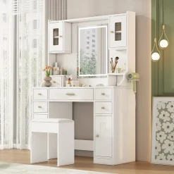 Coiffeuse - Table de Maquillage avec Éclairage LED, Prises et Miroir, 6 Tiroirs, 4 Portes, MDF - 105x40x152 cm, Blanc