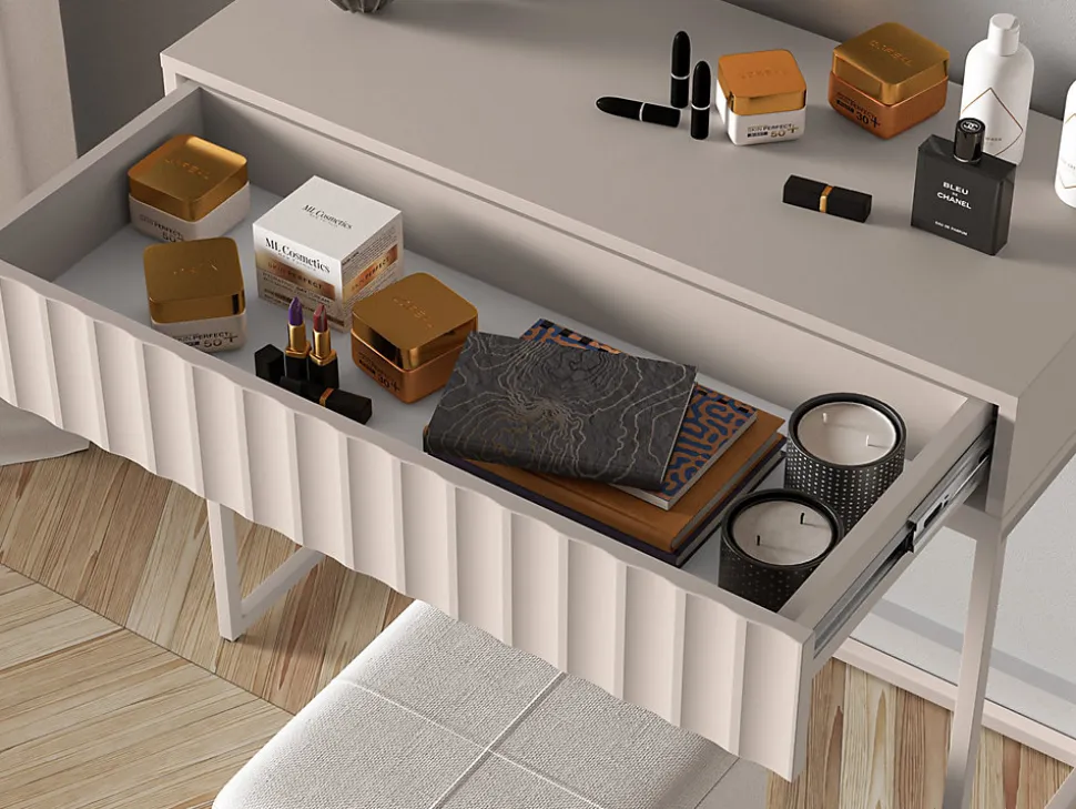 Coiffeuse 2 tiroirs façades cannelées beige clair 91 cm DERRIVA