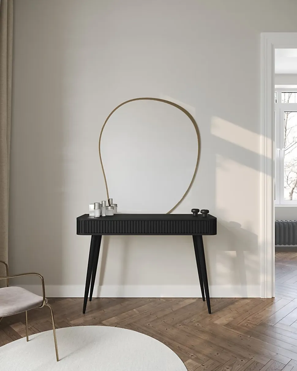 Coiffeuse 2 tiroirs façades cannelées noire 113 cm OVARLO