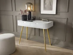 Coiffeuse 2 tiroirs façades laminées blanche pieds dorés 110 cm ZOVA
